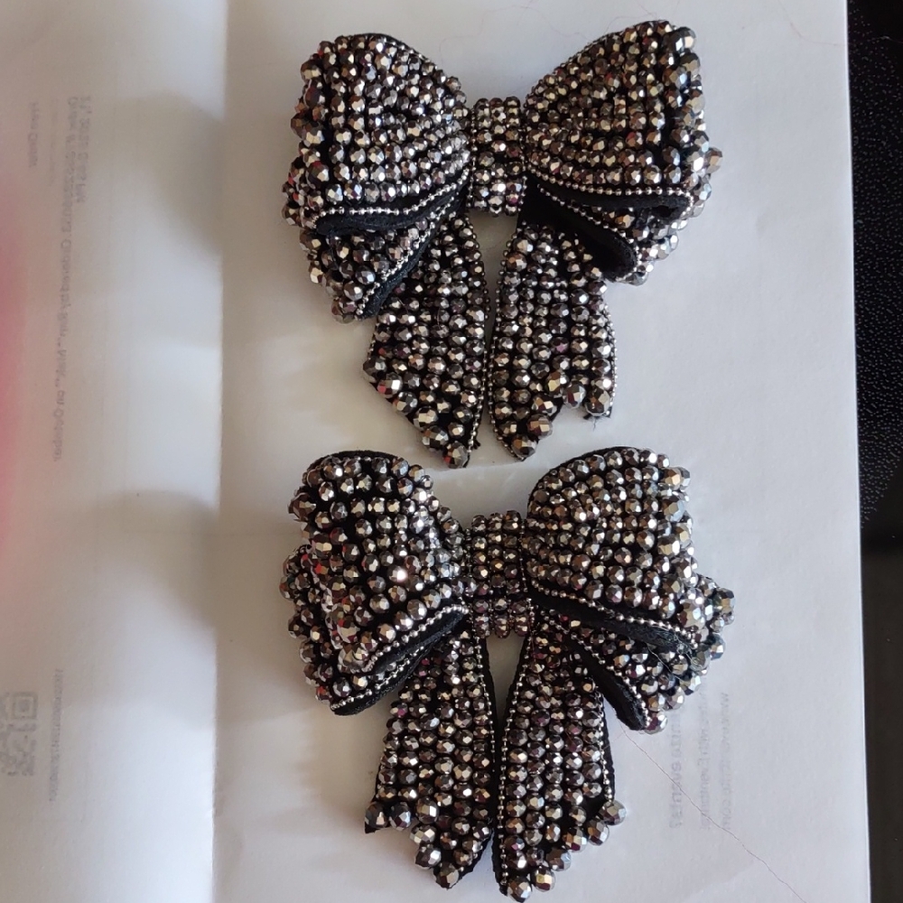 Elegant Black and Silver Bow Shoe Clips Hand Made